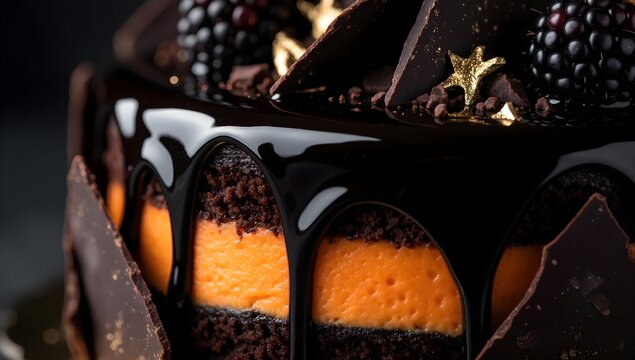 Gourmet layered chocolate cake with orange cream drip glaze topped with fresh blackberries and gold stars