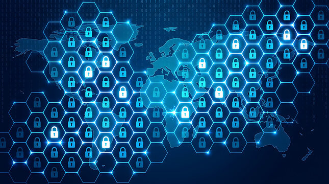 Digital cybersecurity concept featuring glowing blue honeycomb grid with padlocks and world map