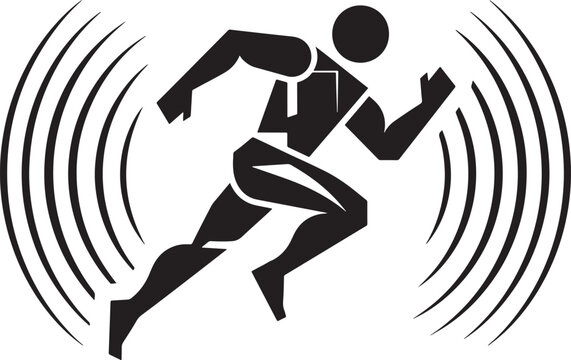 Stylized black icon of a person running, surrounded by concentric circular lines representing speed, motion, or sound waves, isolated on a white background, for sports and, also transparent background