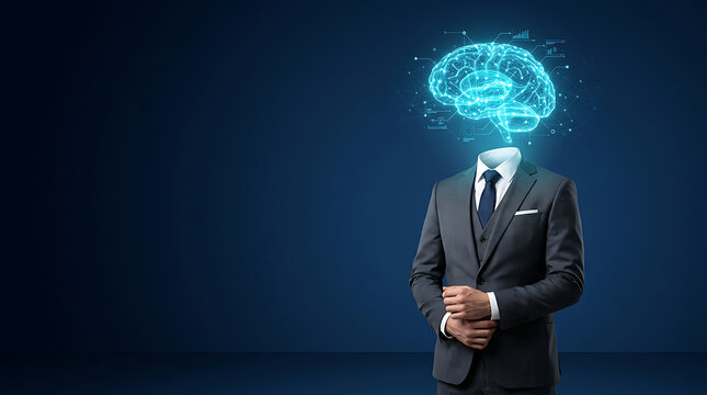 Futuristic AI businessman with glowing digital brain hologram on dark background