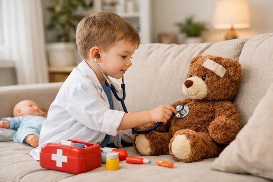 Child playing pretend doctor with a teddy bear and stethoscope for imaginative play and early childhood learning scene