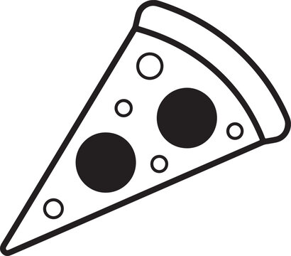 Single slice of pepperoni pizza icon with circular toppings, simple black and white for fast food, restaurant menu, delivery, pizzeria, or snack bar signage and also transparent background