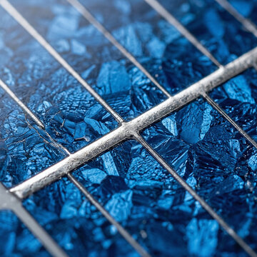 Detailed macro shot of blue polycrystalline silicon solar panel cells featuring crystalline surface textures and silver conducting grid lines for sustainable renewable energy syste
