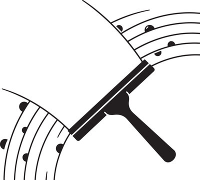 A black and white icon depicting a squeegee cleaning a glass surface with circular water droplets and curved streaks, isolated on a white background, for cleaning service, also transparent background