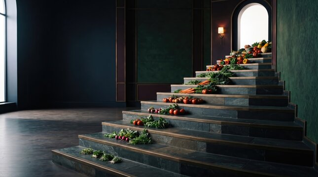 3d World Food Day abstract background new 2026 Wide staircase with colorful flower arrangements and decorative items illustration