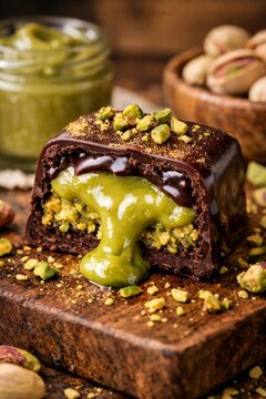 Chocolate bonbon with molten pistachio filling and chopped nuts on wood for packaging label background and dessert banner