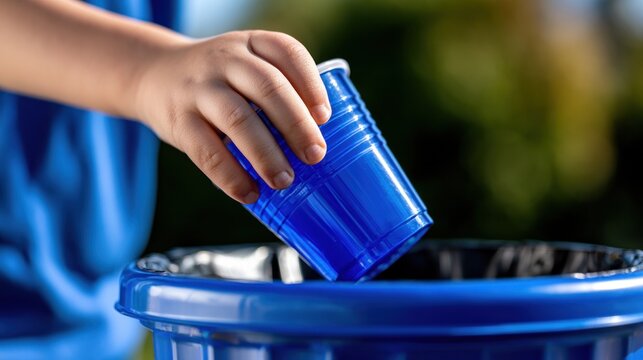 Child disposing of blue plastic cup in trash can