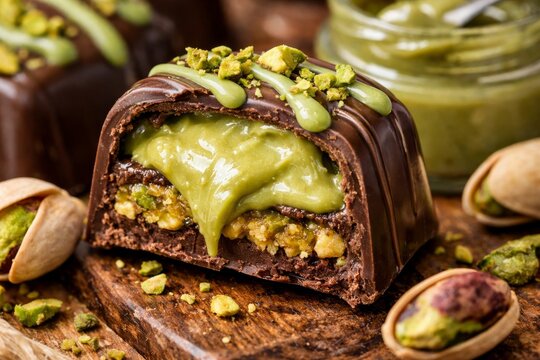 Pistachio chocolate truffle with creamy green filling on wooden board for dessert packaging background and menu banner design