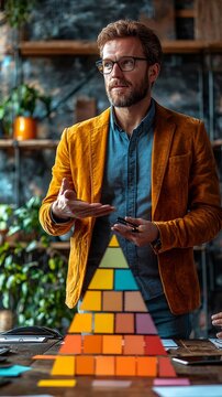 Creative Professional in Yellow Blazer Explaining Business Strategy Using Colorful Block Pyramid Model