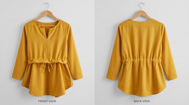 Mustard yellow women's long sleeve tunic blouse with a drawstring waist, front and back view on wooden hangers against a plain background
