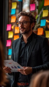 Businessman Holding Project Diagrams in Front of Wall with Colorful Sticky Notes During Brainstorming