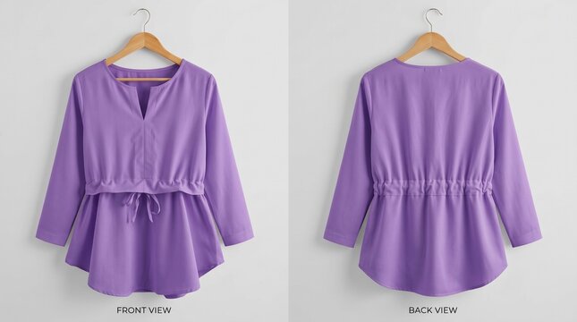 Front and back view of a women's purple long-sleeve tunic blouse with a cinched drawstring waist, hanging on a wooden hanger against a clean white background.