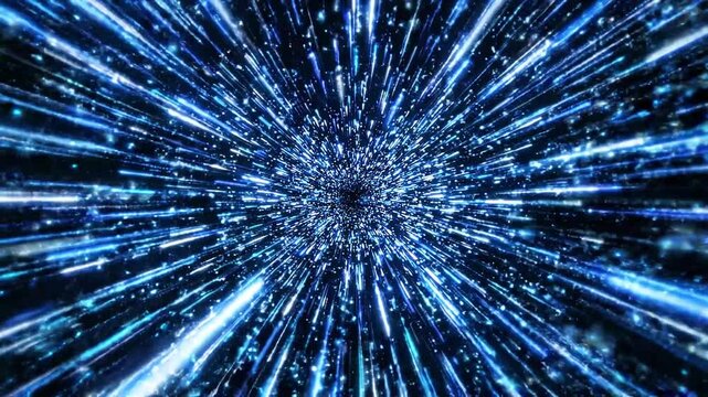 Abstract blue light streaks zoom through dark space creating dynamic motion effect, futuristic tunnel background, sci fi cosmic energy concept, high speed journey.