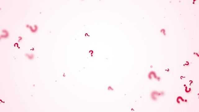Floating red question mark symbols drifting on soft white background as motion graphics background.