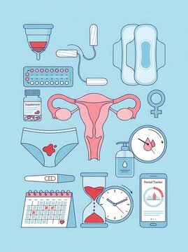 Comprehensive Illustration of Female Reproductive Health, Menstrual Cycle Care Products, and Fertility Tracking Icons