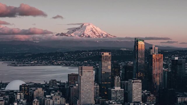 Tacoma Washington Sunset Over Puget Sound with Mount Rainier Backdrop and Waterfront Silhouette &mdash; cinematic travel destination, scenic landscape, golden hour light, realistic atmosphere