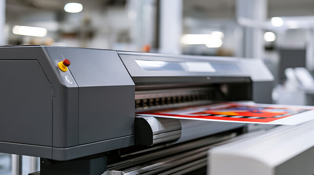 Industrial large format printer operating in a professional production facility for commercial graphic design and high quality output projects