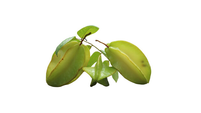 Three ripe starfruit pieces arranged on white background with tropical fruit exotic fruit star fruit sliced starfruit raw fruit organic food sweet fruit yellow fruit food photography isolated