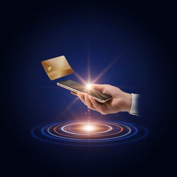 Hand holding a smartphone with a gold credit card floating above it against a dark blue background, with glowing circular, light ripple effects