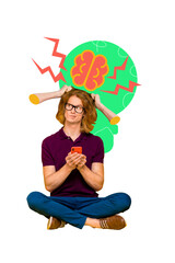 Plakat Vertical photo collage of minded redhead man think solution brain contemplation hold phone plan idea isolated on painted background
