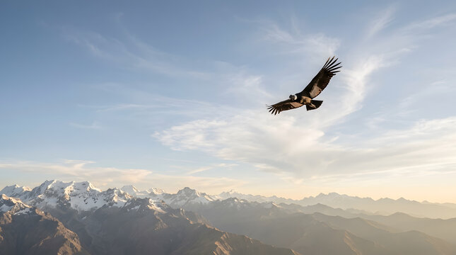 Majestic Condor Soaring Over Snow-Capped Mountain Range at Sunset