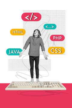 Trend artwork sketch design montage 3D collage of young guy confused stand obsolete keyboard coder hacker php java html css program