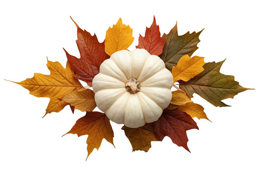 White pumpkin with colorful autumn leaves isolated on transparent background