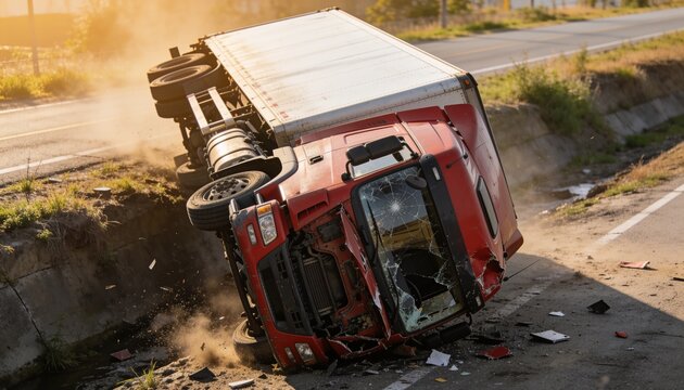 accident, truck crash, overturned trailer, highway collision, vehicle damage, emergency scene, road safety hazard, damaged lorry, severe traffic incident, flipped truck