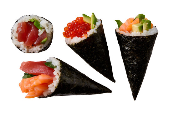 Collection set of temaki sushi rolls isolated on transparent or white background, png