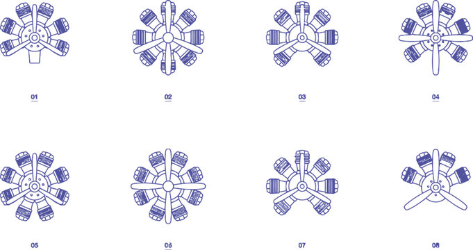 Vintage radial aircraft engine icons, set of 8 blue line art airplane motor vectors, technical aviation engineering illustrations