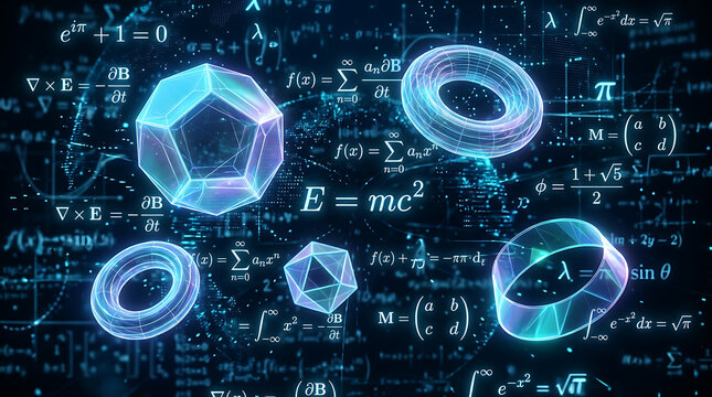 Physics Formulas with Glowing Math Geometry Symbols for Modern