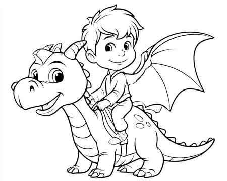Black and white line art  illustration of a happy cartoon boy riding on a cute friendly winged dragon back, perfect for children coloring book page, storybook art or creative activity.