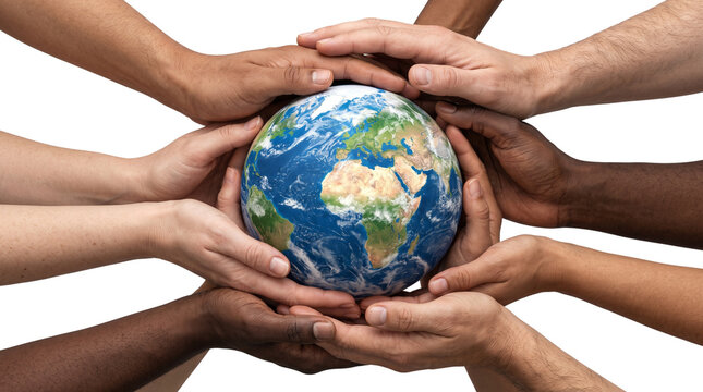 Diverse hands holding planet earth globe, multicultural group protecting world environment, global unity and cooperation concept on white background
