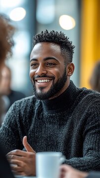 Smiling African American Man in Black Turtleneck during Corporate Meeting
