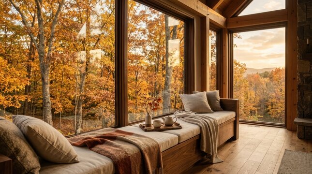 Sunlit breakfast nook in cabin with large windows showing vibrant orange autumn trees.