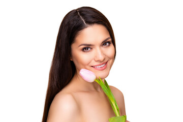 Profile portrait of nice optimistic brunette long hairdo lady hold flower without clothes isolated on pastel beige color background © deagreez