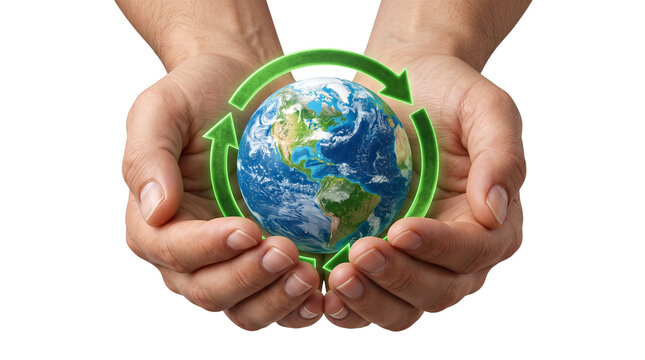 Environmental recycling concept with hands holding planet earth, green arrow symbol around world globe, sustainable ecology protection