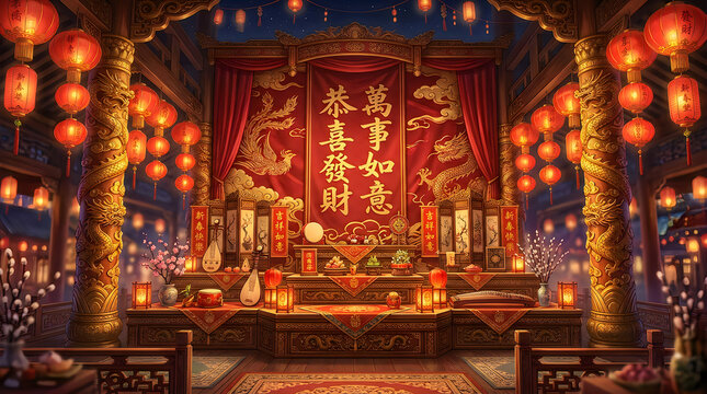 A beautiful traditional chinese new year temple interior decorated with glowing red lanterns and golden ornaments