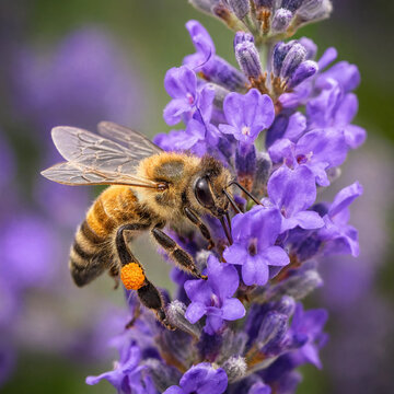 Close-up macro photograph of a bee collecting pollen from lavender flowers