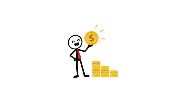 Stick Figure Businessman Holding Dollar Coin with Money Stack Animation on White Background