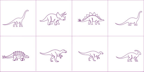 Minimalist dinosaur line icons set, 8 prehistoric animal vector outlines, purple dinosaur silhouettes for kids education © Riajul678