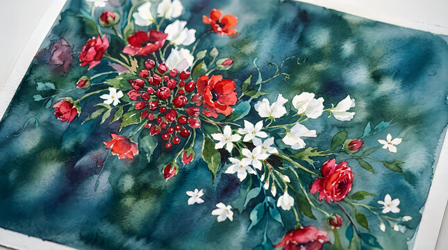 Beautiful watercolor painting of vibrant red and white flowers perfect for celebrating the chinese new year