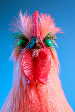 Bright colored rooster with unusual features against blue background