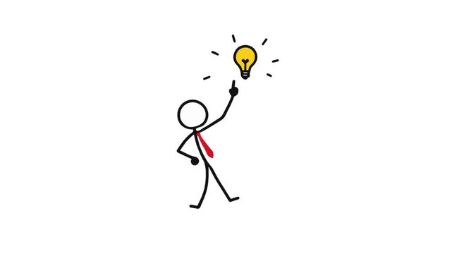 Stick Figure Businessman with Idea Lightbulb Animation on White Background