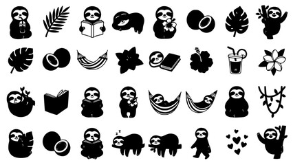 Obraz premium Collection of cute sloths engaged in leisure activities with tropical fruits and plants tropical character illustration relaxing adorable creature vacation