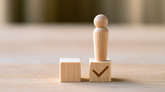 Wooden figure stand on cube block with check mark symbol representing success and goal achievement in business strategy and corporate leadership concept