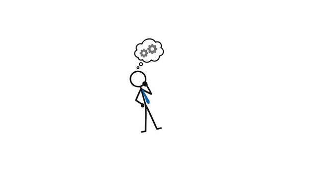 Stick figure businessman thinking with gears in thought bubble animation, brainstorming concept