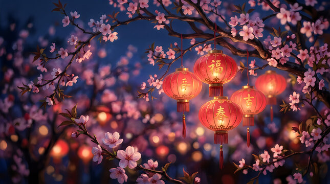 Beautiful glowing red lanterns hanging on a blooming cherry blossom tree for chinese new year festival