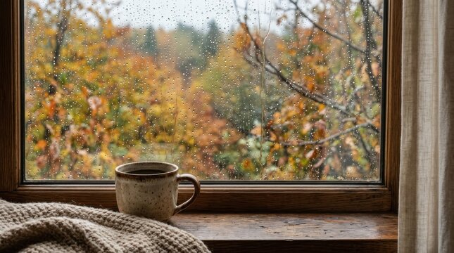 Cozy autumn morning with rain outside window and a warm cup of coffee on rustic wooden sill.