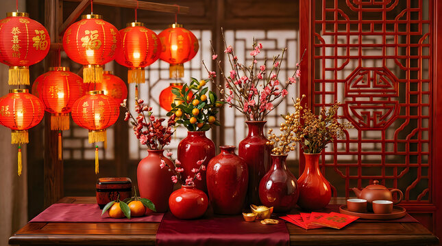 Beautiful traditional chinese new year decorations featuring red lanterns and elegant vases in a festive setting